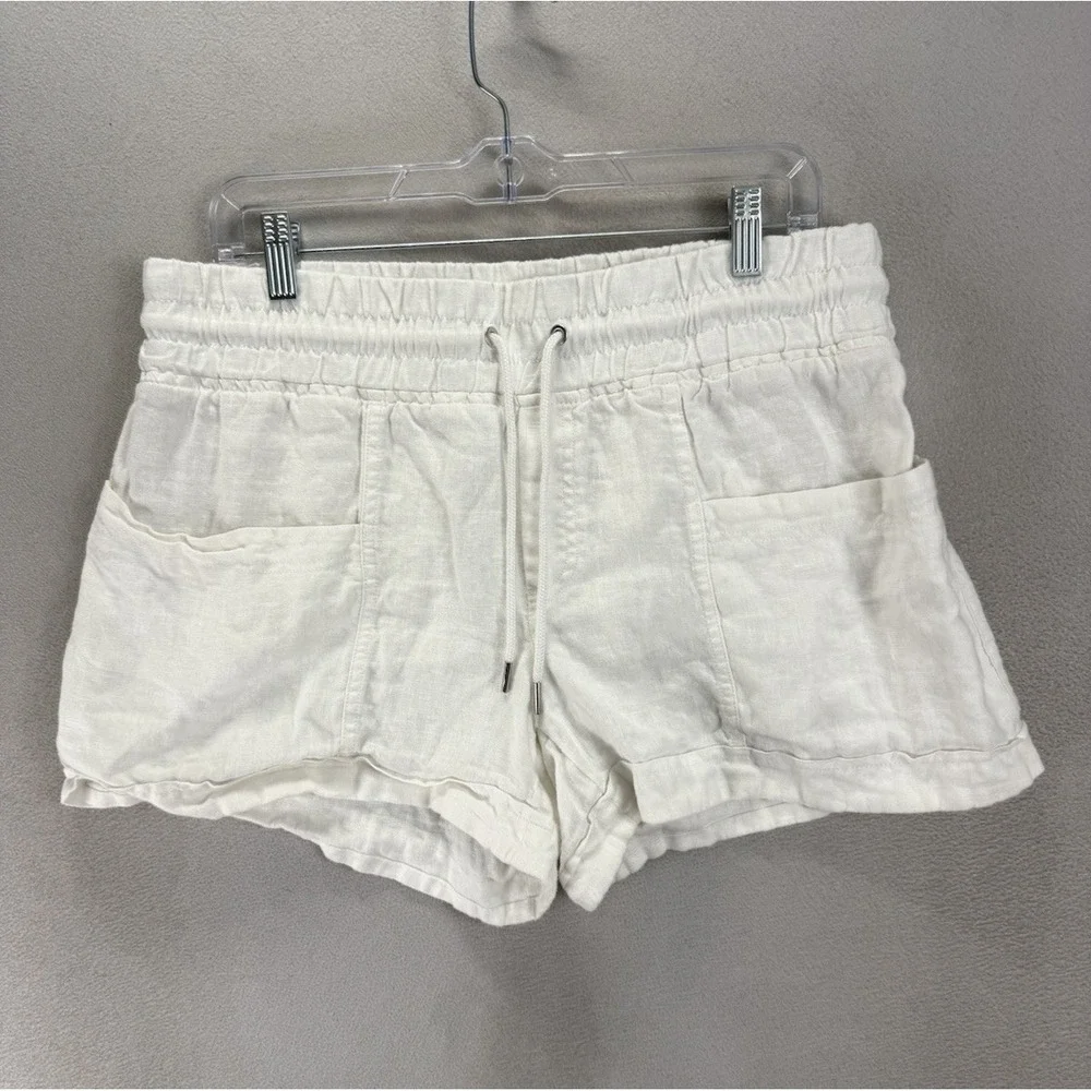 Athleta Cabo White 100% Linen Shorts Sz 10 Relaxed Drawstring Patch Pockets
